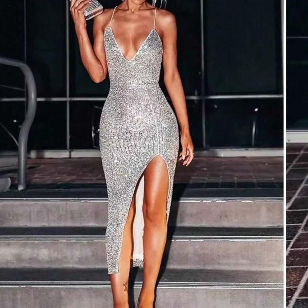 Silver Sequin Spaghetti Strap Dress
